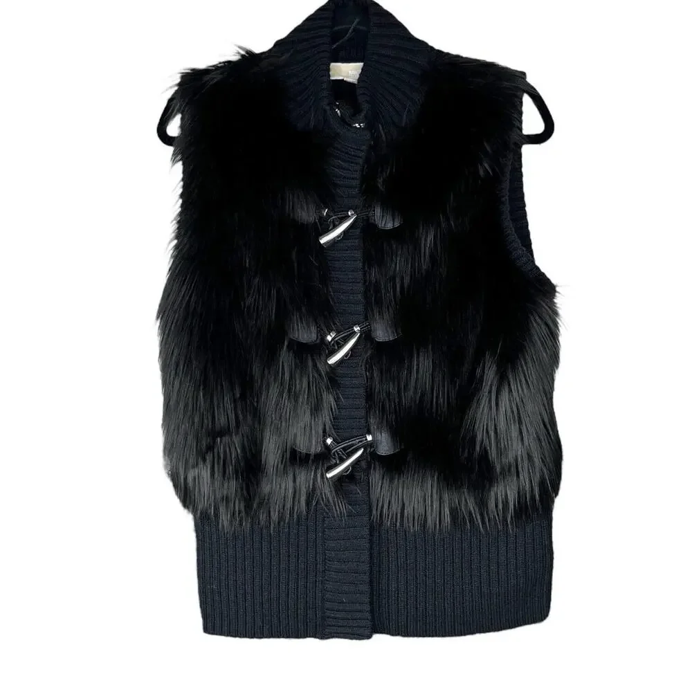 Michael Kors Mob Wife Faux Fur Sweater Vest Women Sz Lg Black‎ Wool Blend EUC